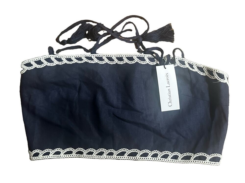 Christian Lacroix Navy Blue Gauze Smocked Strapless Tube Top White Lace Trim L